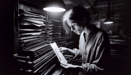 A dissident in an underground print shop, 1980s, Ai generated imageの写真素材