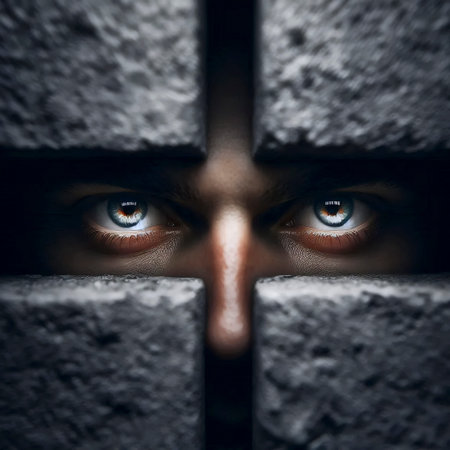 Eyes peering through a narrow slit in a wall, Ai generated image
