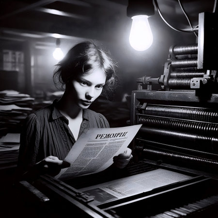 A dissident in an underground print shop, 1980s, Ai generated image
