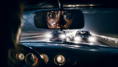 A rearview mirror chase scene close-up, Ai generated image