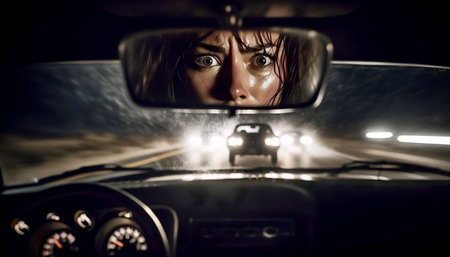 A rearview mirror chase scene close-up, Ai generated image