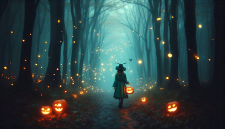 A keeper of fireflies in a pumpkin lantern, Ai generated image