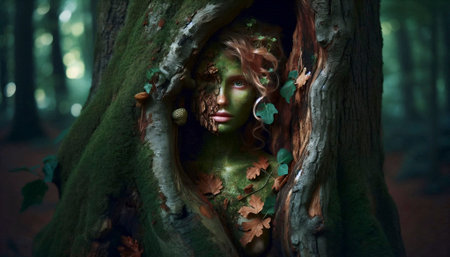 A forest spirit hiding in an ancient tree, Ai generated image