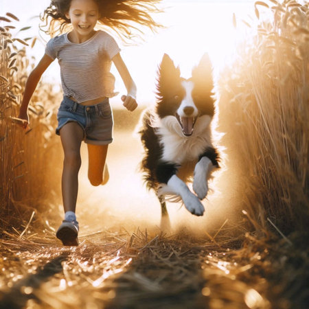 A girl running with a dog through a field of tall grass, Ai generated image