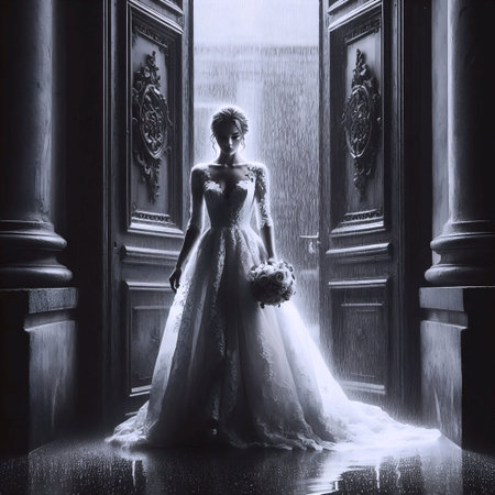 A bride in a rain-soaked urban doorway, Ai generated image