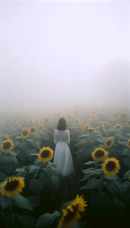 A woman in white amidst a foggy sunflower field, Ai generated image
