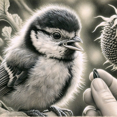 A tiny tit chick with a sunflower seed ink drawing art print, Ai generated imageの写真素材