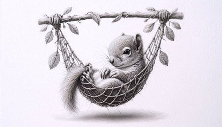 A squirrel kit in a miniature hammock ink drawing art print, Ai generated imageの写真素材