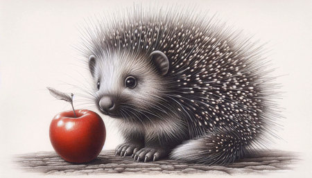 A baby porcupine with an apple ink drawing art printの写真素材