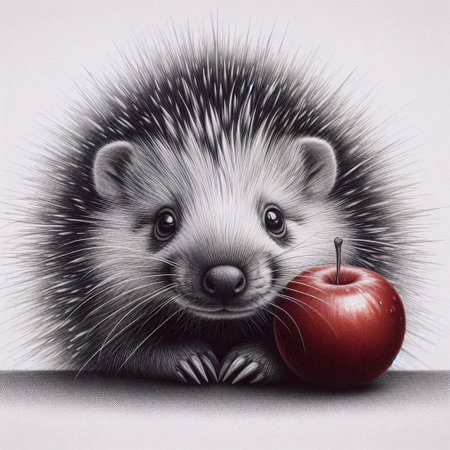 A baby porcupine with an apple on its quills ink drawing art printの写真素材