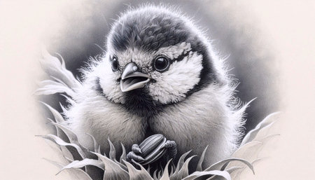 A tiny tit chick with a sunflower seed ink drawing art print, Ai generated imageの写真素材