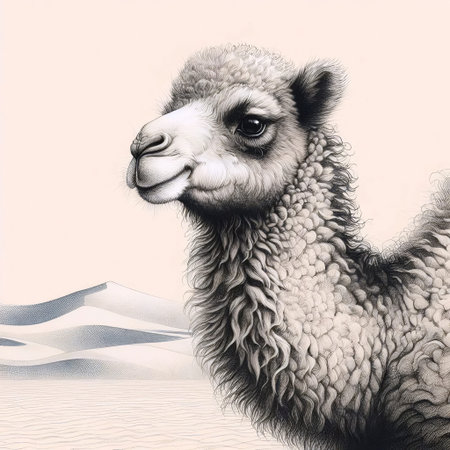A baby camel in the desert ink drawing art print, Ai generated imageの写真素材