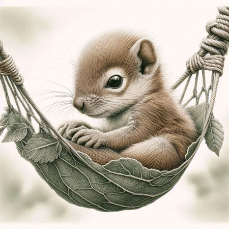 A squirrel kit in a miniature hammock ink drawing art print, Ai generated imageの写真素材
