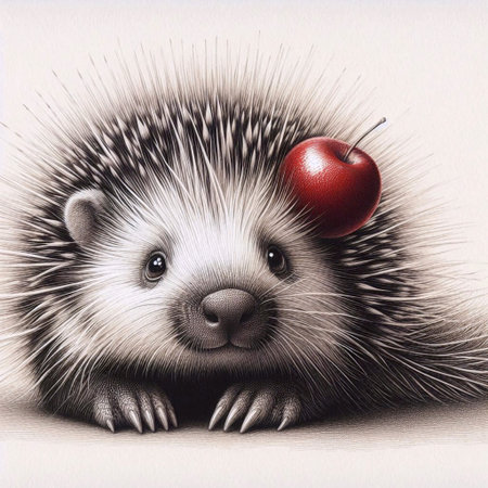 A baby porcupine with an apple on its quills ink drawing art printの写真素材
