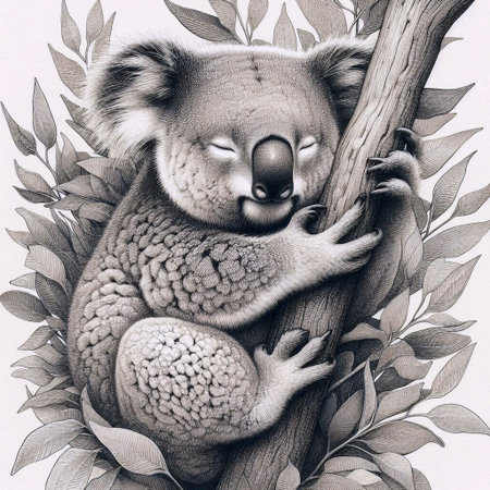 A koala hugging a eucalyptus branch ink drawing art print, Ai generated imageの写真素材