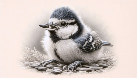 A tiny tit chick with a sunflower seed ink drawing art printの写真素材
