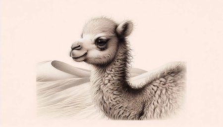 A baby camel in the desert ink drawing art print, Ai generated imageの写真素材