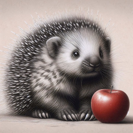 A baby porcupine with an apple ink drawing art printの写真素材