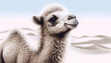 A baby camel in the desert ink drawing art print, Ai generated imageの写真素材