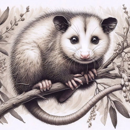 A baby opossum hanging by its tail ink drawing art printの写真素材
