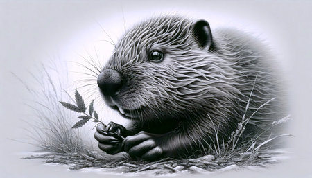 A baby beaver with a twig ink drawing art print, Ai generated imageの写真素材