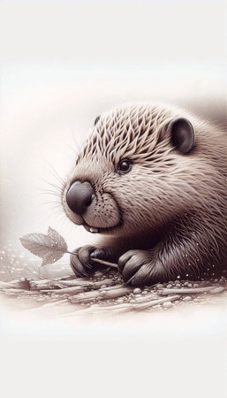 A baby beaver with a twig ink drawing art print, Ai generated imageの写真素材