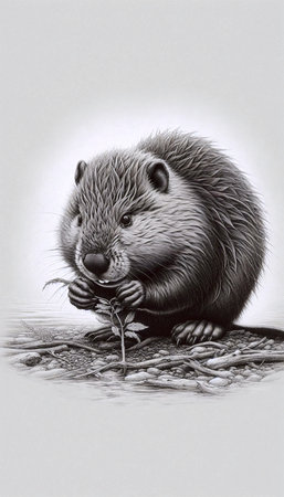 A baby beaver with a twig ink drawing art print, Ai generated imageの写真素材