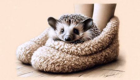 A long-eared hedgehog in a slipper ink drawing art print, Ai generated imageの写真素材