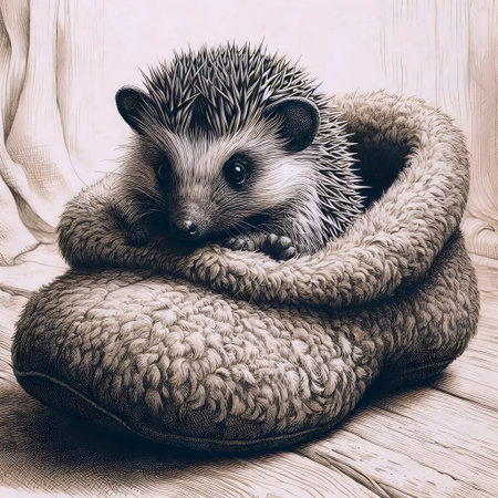 A long-eared hedgehog in a slipper ink drawing art print, Ai generated imageの写真素材