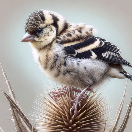 A goldfinch chick on a thistle ink drawing art print, Ai generated imageの写真素材