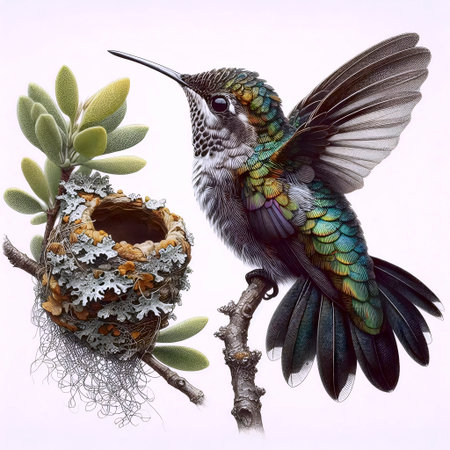 A hummingbird fledgling in a tiny nest ink drawing art print, Ai generated imageの写真素材