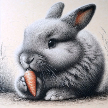 A fluffy bunny with a carrot ink drawing art print, Ai generated imageの写真素材