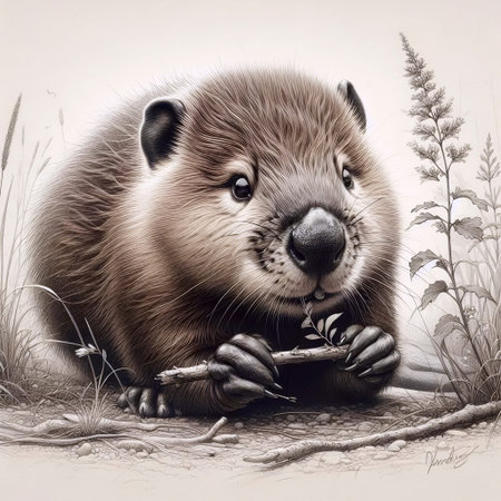 A baby beaver with a twig ink drawing art print, Ai generated imageの写真素材