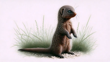 A dwarf mongoose pup standing tall ink drawing art print.の写真素材