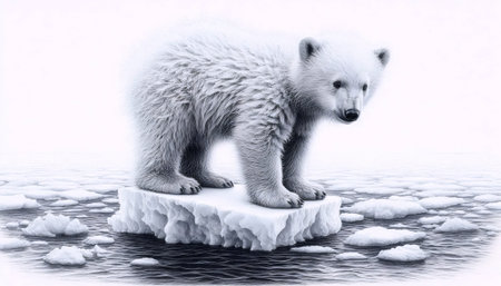 A polar bear cub on an ice floe ink drawing art print, Ai generated imageの写真素材