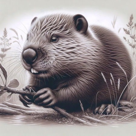 A baby beaver with a twig ink drawing art print, Ai generated imageの写真素材