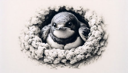 A swallow chick in a clay nest ink drawing art print, Ai generated imageの写真素材