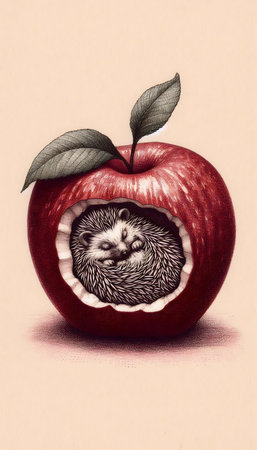 A hedgehog sleeping in an apple ink drawing art print, Ai generated imageの写真素材