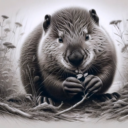 A baby beaver with a twig ink drawing art print, Ai generated imageの写真素材