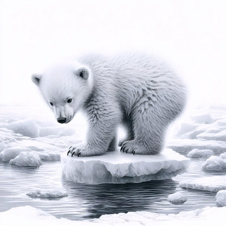 A polar bear cub on an ice floe ink drawing art print, Ai generated imageの写真素材