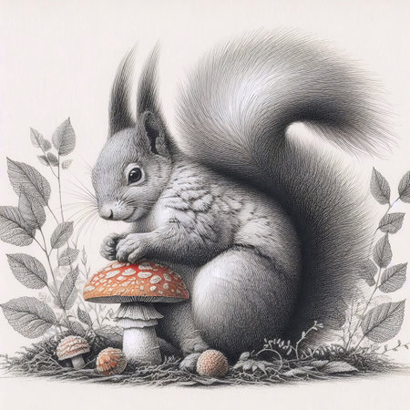 A squirrel with a mushroom ink drawing art print, Ai generated imageの写真素材
