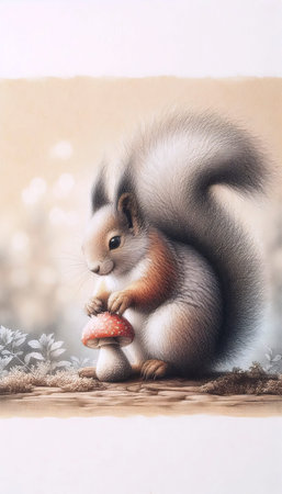 A squirrel with a mushroom ink drawing art print, Ai generated imageの写真素材