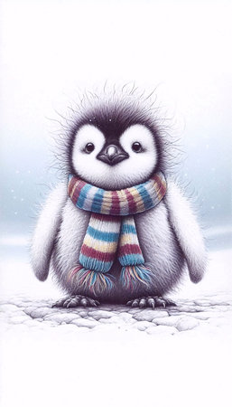 A baby penguin with a scarf ink drawing art printの写真素材