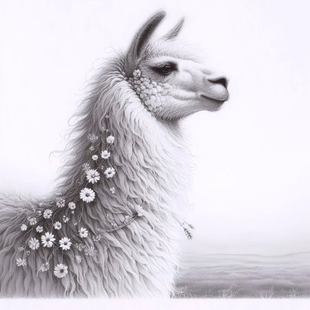 A fluffy llama with flowers ink drawing art print, Ai generated imageの写真素材