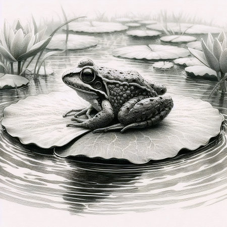 A tiny frog on a lily pad ink drawing art printの写真素材