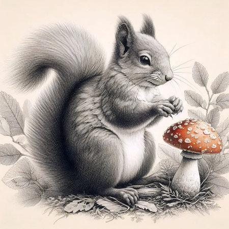 A squirrel with a mushroom ink drawing art print, Ai generated imageの写真素材