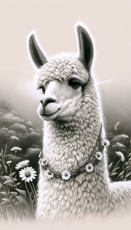 A fluffy llama with flowers ink drawing art print, Ai generated imageの写真素材