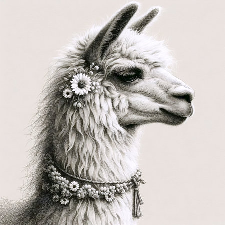 A fluffy llama with flowers ink drawing art print, Ai generated imageの写真素材