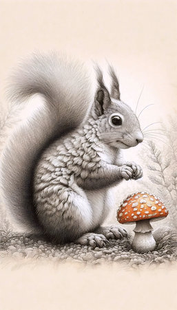 A squirrel with a mushroom ink drawing art printの写真素材