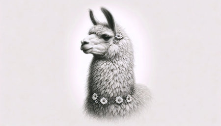 A fluffy llama with flowers ink drawing art print, Ai generated imageの写真素材